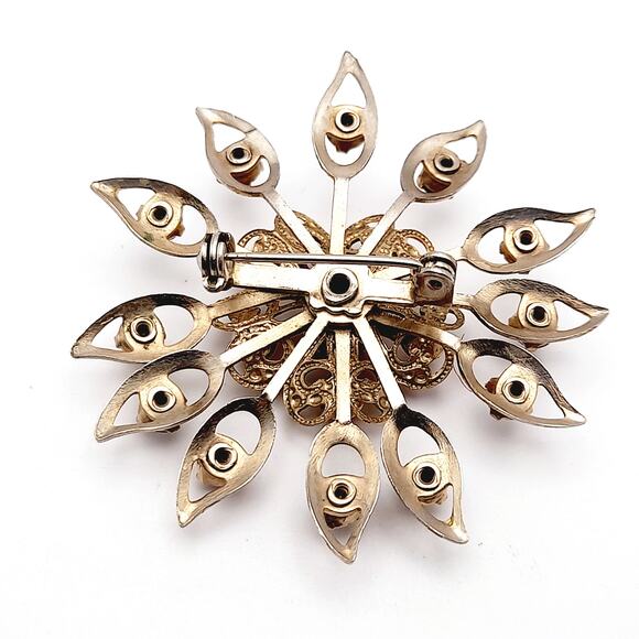 Vintage Small Filigree Garnet Red Rhinestone Flower Brooch, 1 7/8 Inches - Picture 4 of 6